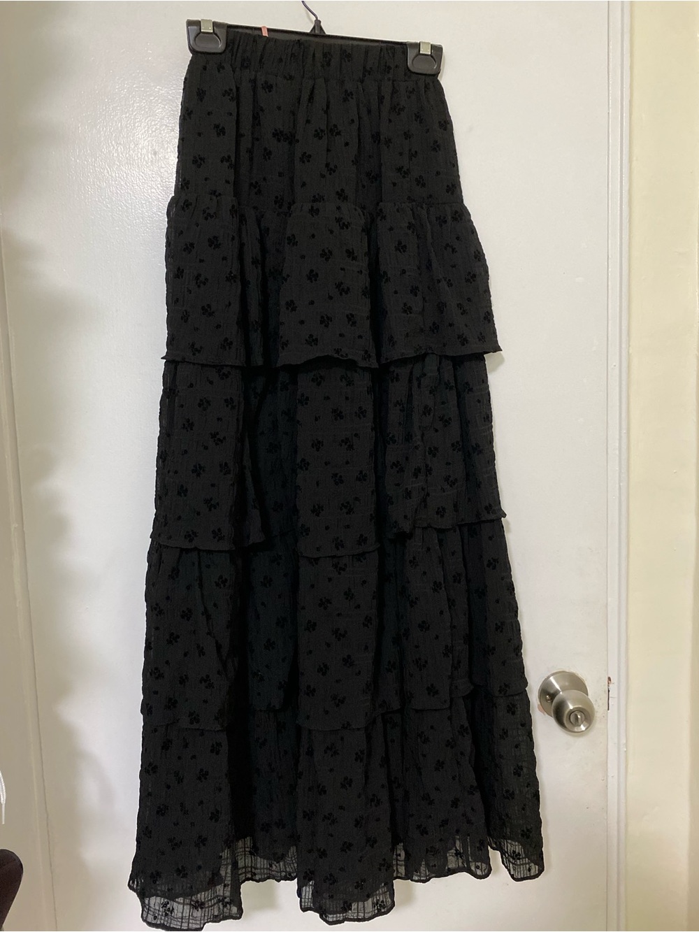 Black Tiered Maxi Skirt with Subtle Floral Texture